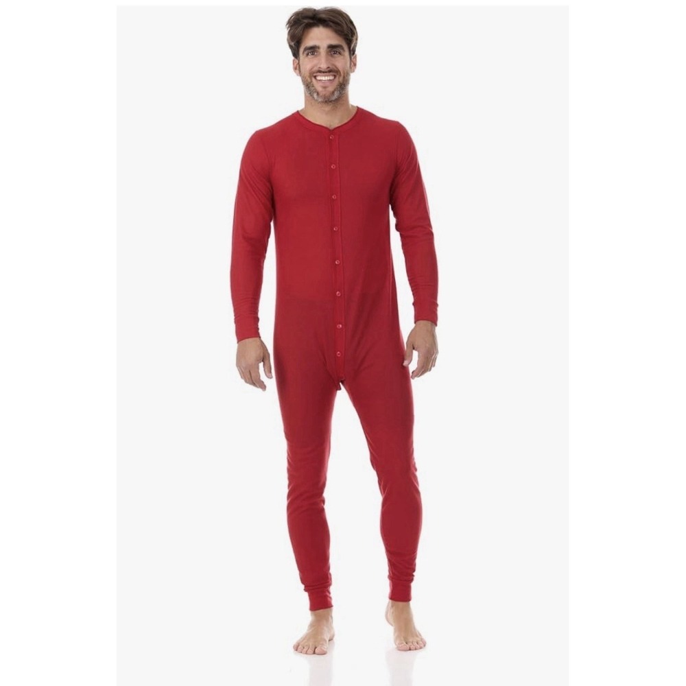 Vintage Thermal Union Suit Size L One Piece Long Johns Red Button Up Duofold - Picture 2 of 16